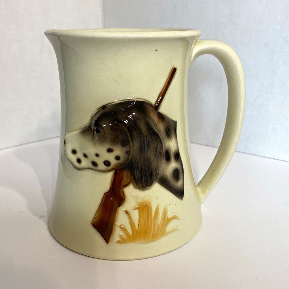 Vintage 3D Figural Hunting Dog Mug Raised Relief Ceramic Cream Brown